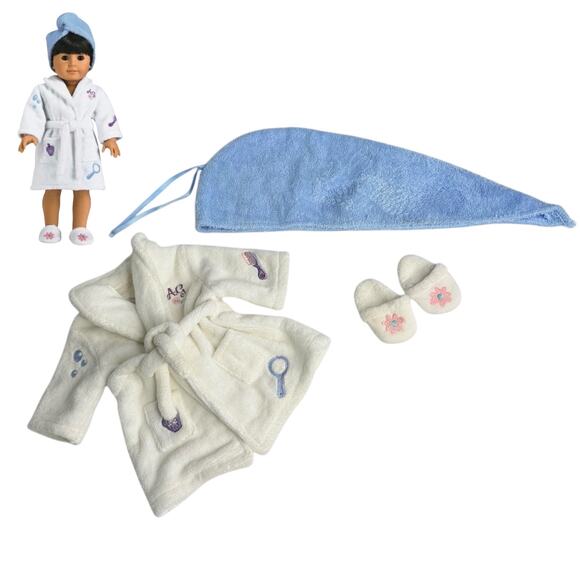 American Girl Doll Spa Robe Slippers Head Towel Set Terrycloth White Blue Pajama - Picture 1 of 9
